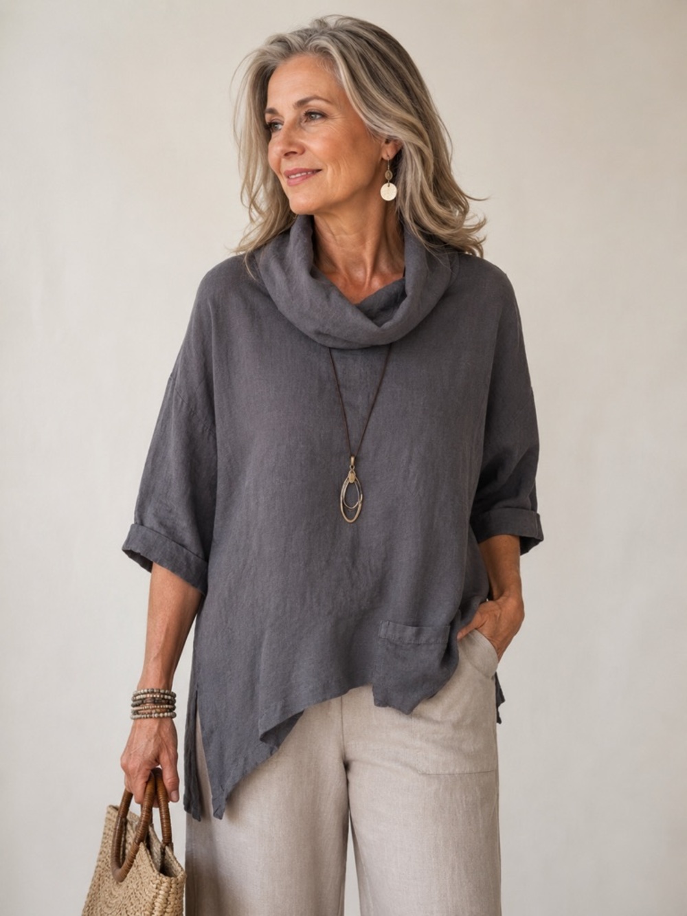 La Fixsun 100% Linen Cowl Neck Tunic Gray High Low Relaxed Medium
